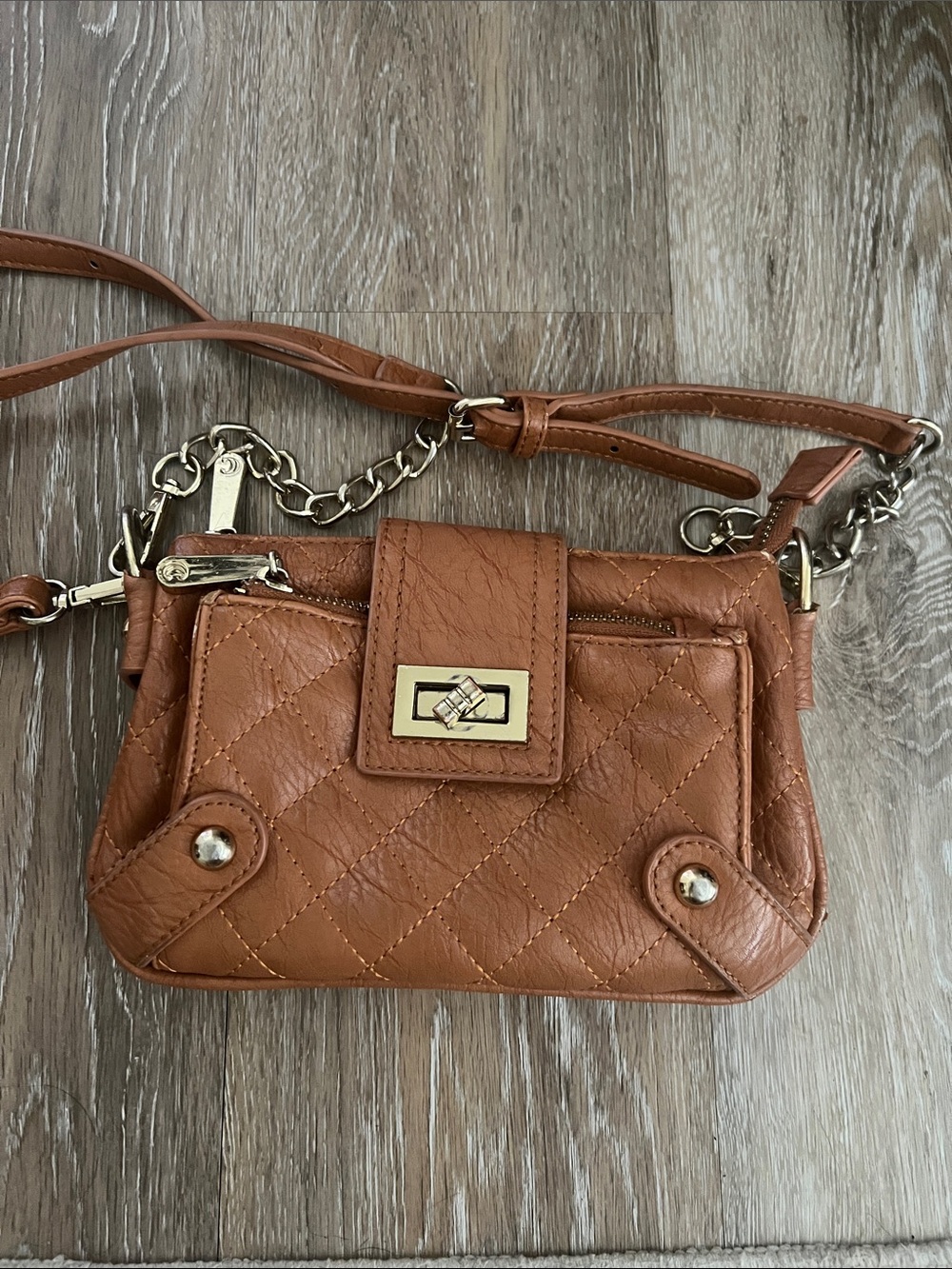 Quilted Tan Leather Crossbody Bag with Gold Hardware